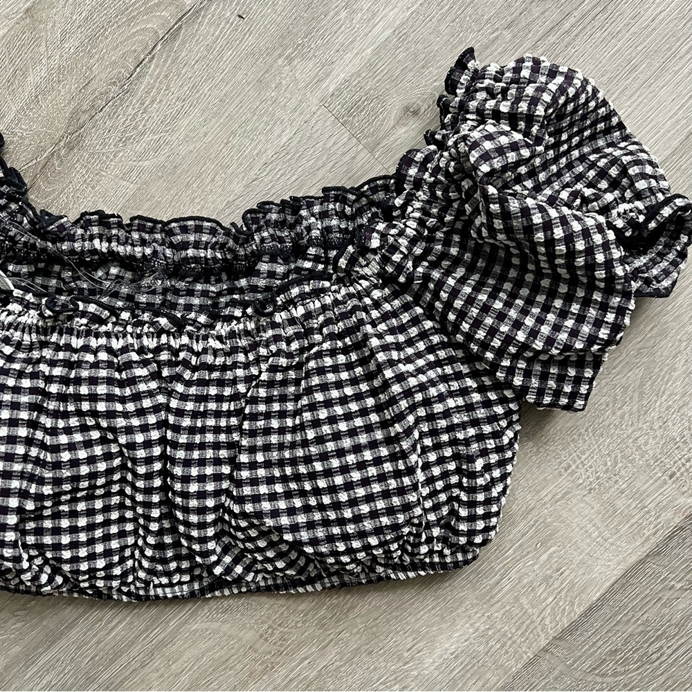 NWT Kate Spade Off The Shoulder Bikini Top Gingham Black White Padded Bandeau M - Picture 6 of 10